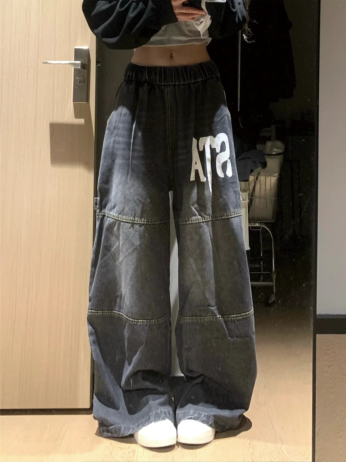 

American Retro Letter Star Print Wide Leg Jeans Women's Street Style Hot Girl Loose Slimming Long Pants High Waist Zipper Clo...