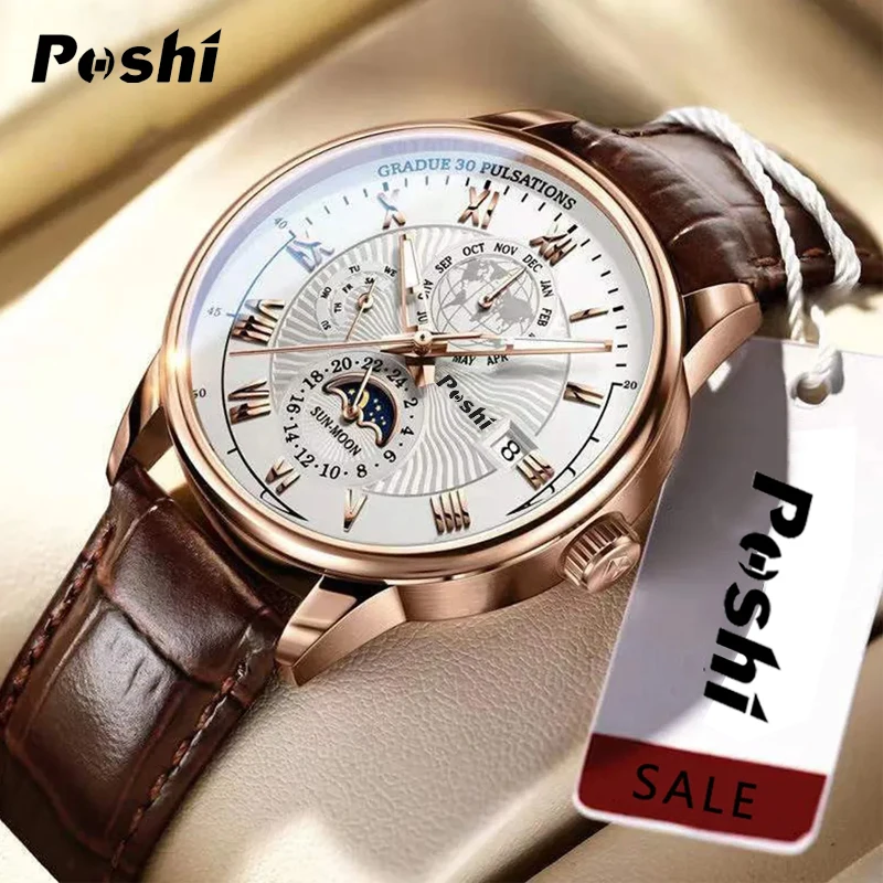 Schweizer Marke POSHI Männer Uhr Mode Top Luxus Sport männer Armbanduhr Wasserdicht Leucht Leder Datum Quarz Uhren Mann uhr