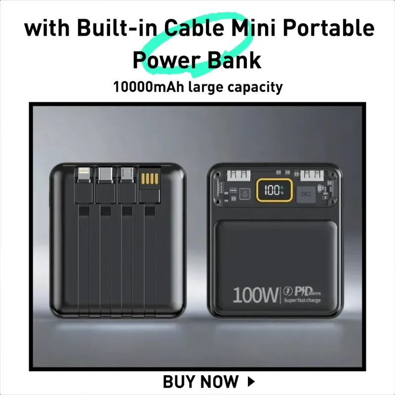 

100W Super Flash Charge with Built-in Cable 10000mAh Mini Portable Power Bank