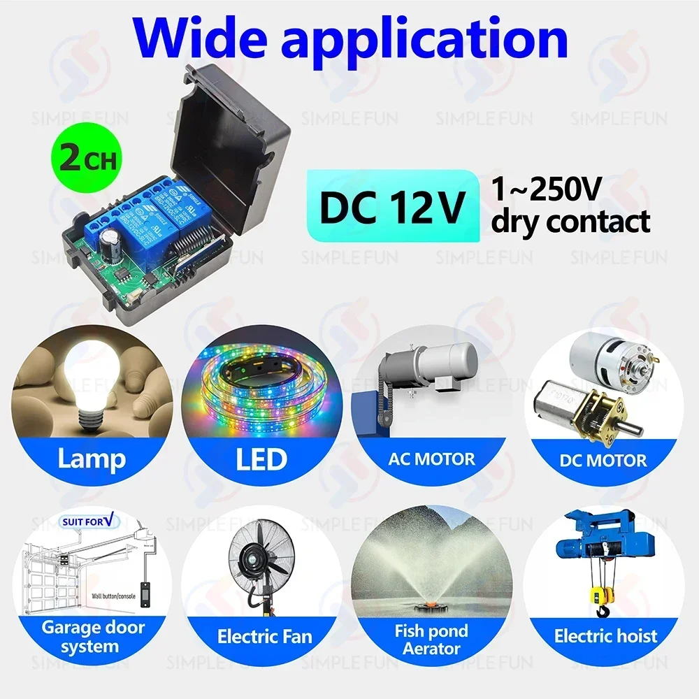 433MHz Wireless Remote Control Switch DC 12V 2 Channels RF Relay Module 50m Control Distance,for Light/LED/Gate/Motor/DIY