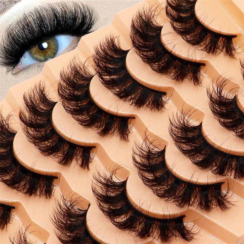 Um conjunto completo de 7 pares de cílios postiços filamentados naturais e grossos com aparência 3D realista e fofa.