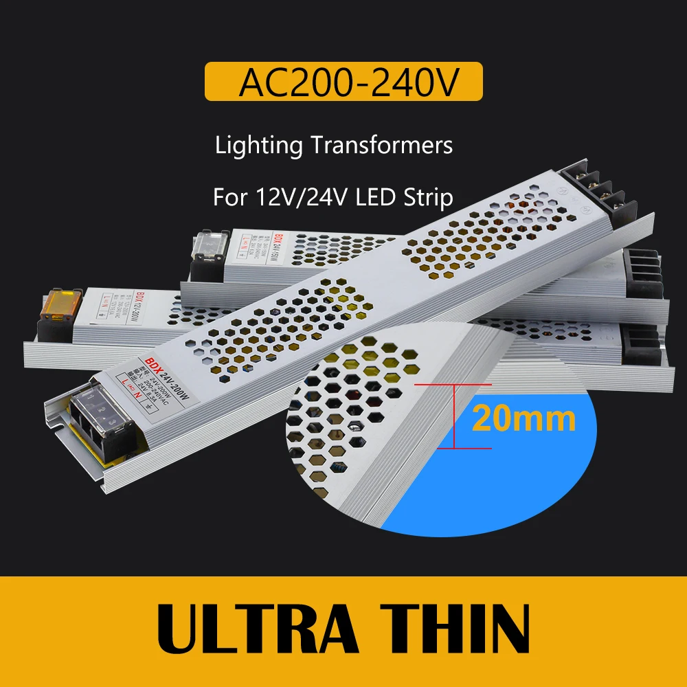 Alimentatore switching ultra sottile Trasformatori di illuminazione DC 12V 24V 60W 100W 150W 200W 300W 400W Driver AC190-240V per strisce LED