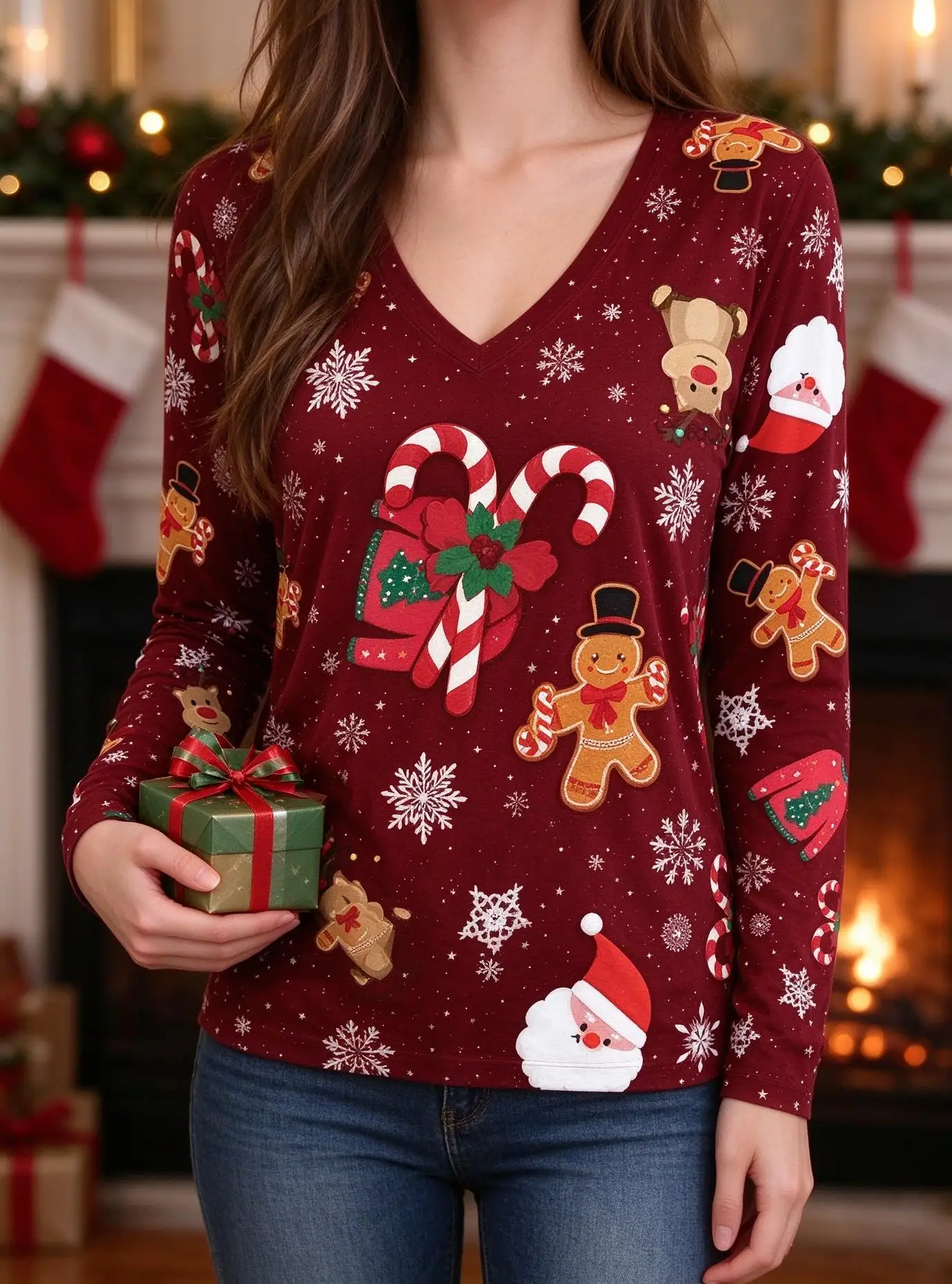 Women V Neck Long Sleeve T-shirt Wine Red Christmas Gingerbread Santa Snowflake Print Casual Tee Tops