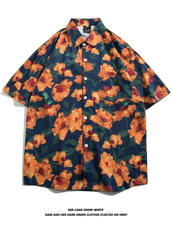 

Ретро-кардиган в гонконгском стиле с цветочным принтом, свободный крой, короткий рукав, летний, новый дизайн, Cleanfit, с открытым воротником, мужской и женский топ