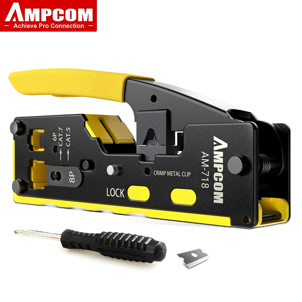 AMPCOM EZ-Type RJ45 Network Crimper - Crimp/Cut LAN CAT8/7/6A/6/5E (STP/UTP/With Tail Clip) & RJ11/12 TEL Modular Cable (AM-718)