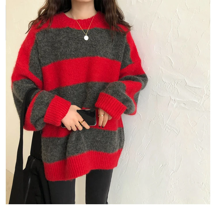 

Women Oversized Thin Sweater Vintage Striped Loose Pullover Streetwear Autumn Knitted Jumper