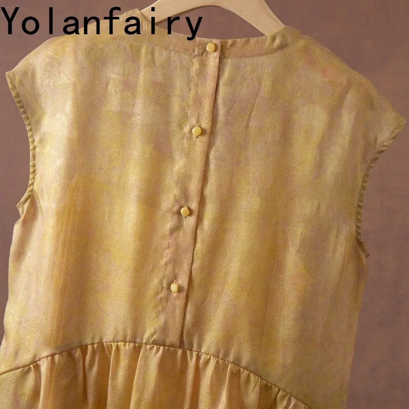 YOLANFAIRY Two Piece Set Women Sleeveless Slip Dress 100% Real Mulberry Silk Organza Gold Woven Loose Elegant Dresses Jacquard