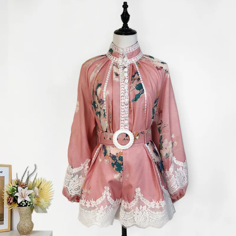 

2025 Spring and Summer Fashion Printed Lantern Sleeve Button-up Shirt High Waist Short Two Sets Women