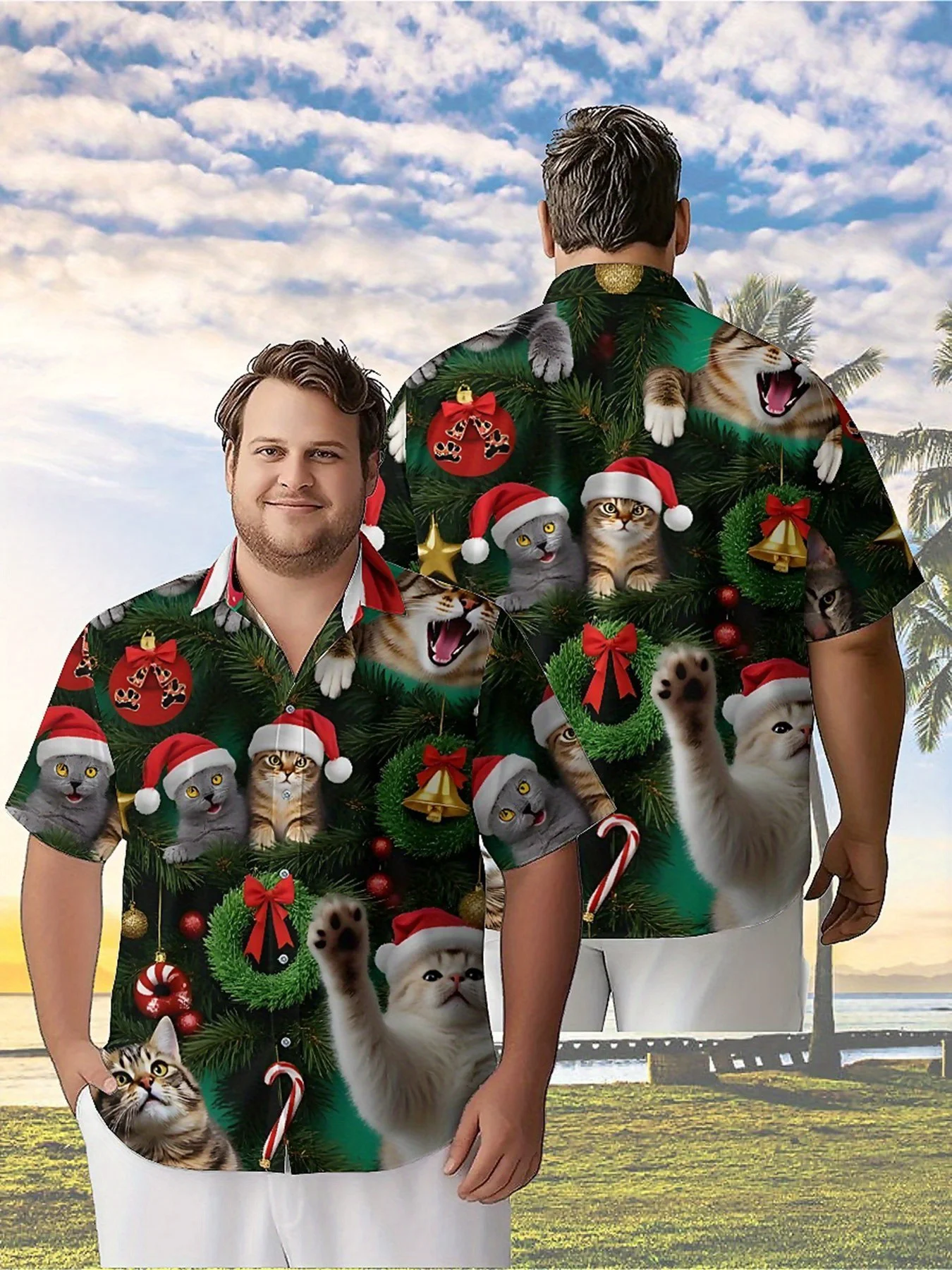 

Men's Plus Size Hawaiian Shirts Christmas Cat Pattern,New in Summer Fashion Tops,Hip Hop Rock Streetwear