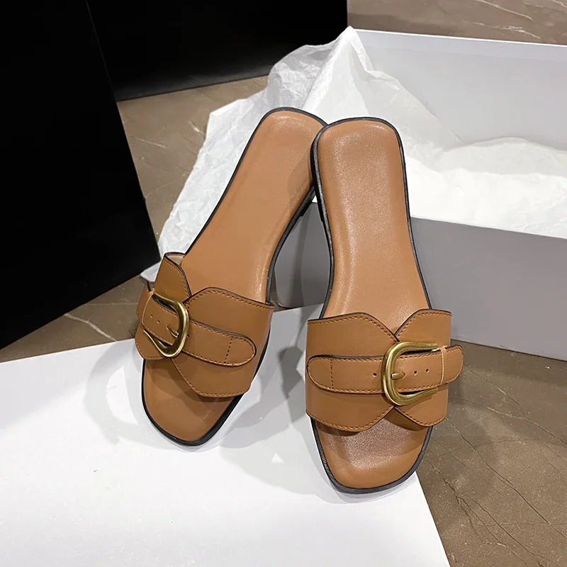 New Summer Women Slippers Leather Square Toe Women Flats Flip Flops Designer Ladies Slides Sandals Women Shoes Luxury Sandals