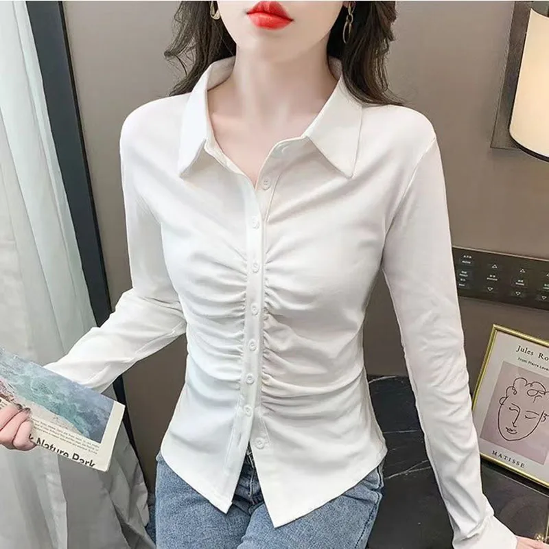 Fashion Lapel Button Asymmetrical Folds Shirt Female Clothing 2023  Autumn New Loose Casual Tops Office Lady Blouse