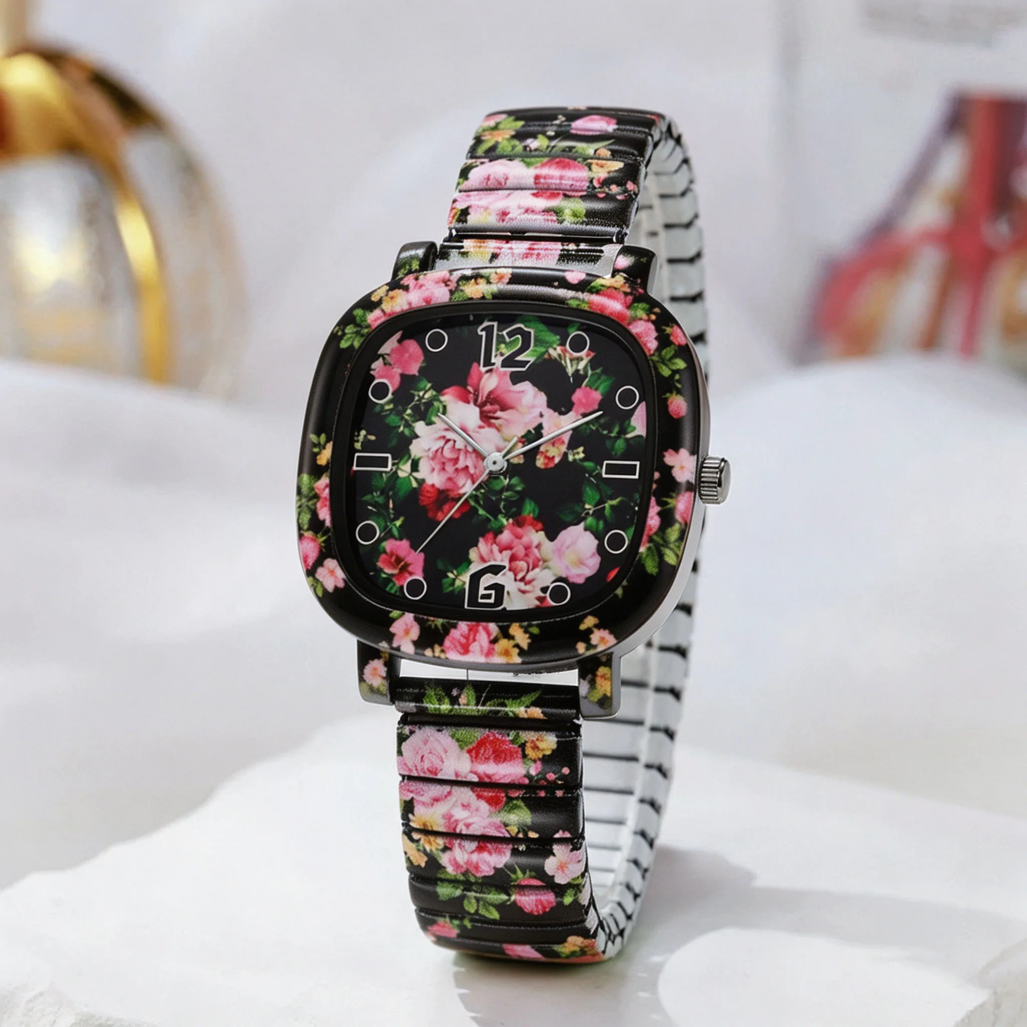 Women Square Printed Dial Quartz Wristwatch Multi Pattern Floral Evil Eye Elastic Metal Band Colorful Casual Fashion Ladies Watc