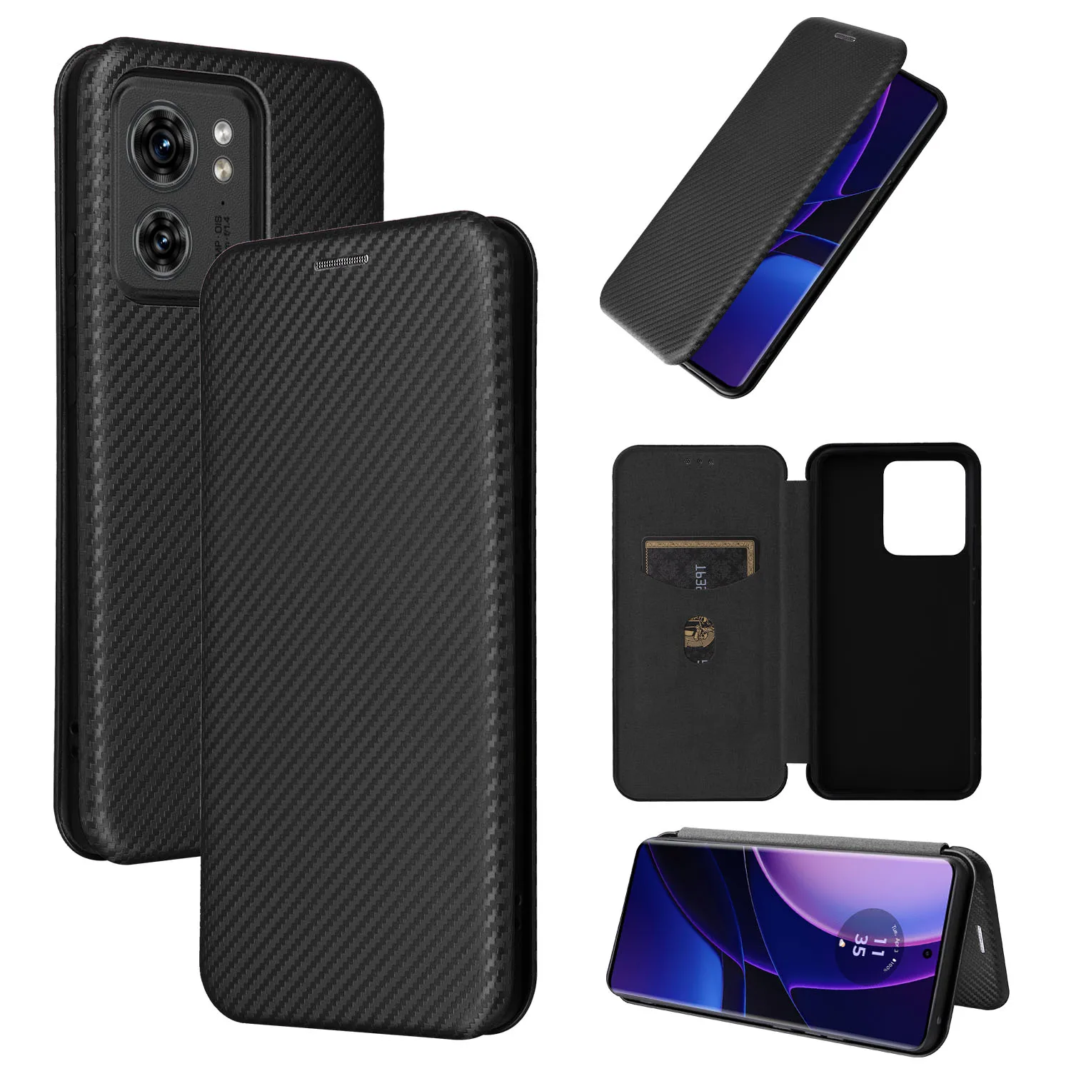 Flip carbon fibre Skin Leather Cover For Motorola Edge 40 Neo Pro Edge+ (2023) 30 Fusion Ultra Neo Lite Card Slot Phone Case