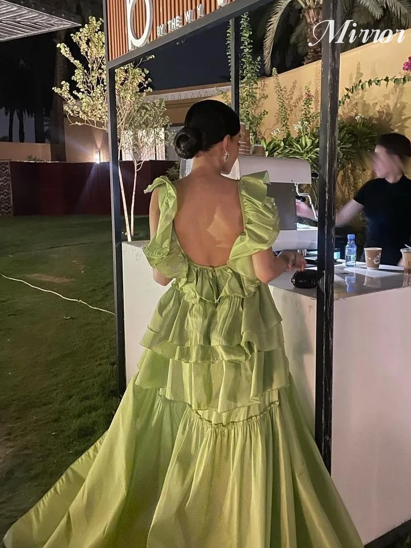 

Mirror Dress Elegant Vintage Sweet Green Sexy Backless Ruffle A-Line Formal Occasion Ball Prom Dress Evening Party Gowns