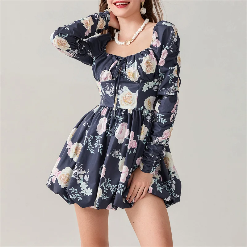 Women's Floral Print Backless Square Neck Dress Fashion Tie-Up Front Puff Sleeve Mini Dress Autumn Boho Vacation Clothing