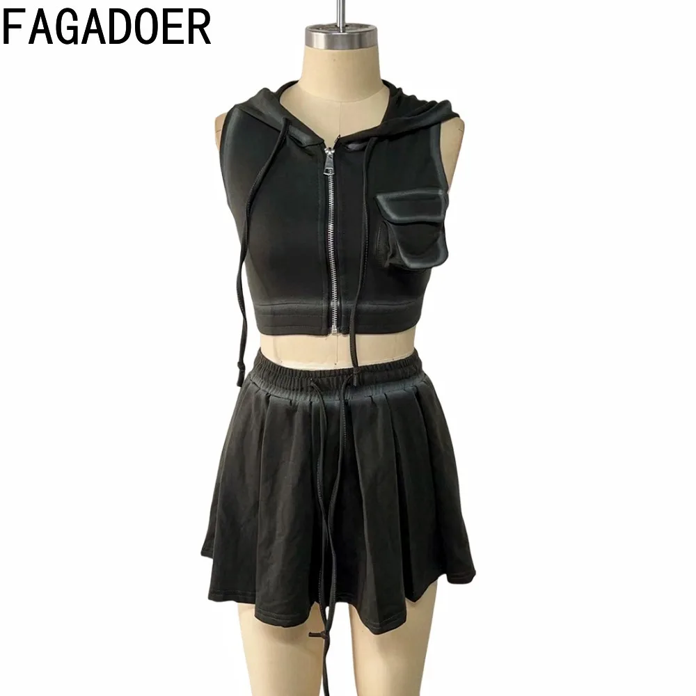 FAGADOER Summer New Sweet Print Hooded Two Piece Sets Women Zipper Sleeveless Crop Top And Mini Pleated Skirts Outfit Streetwear