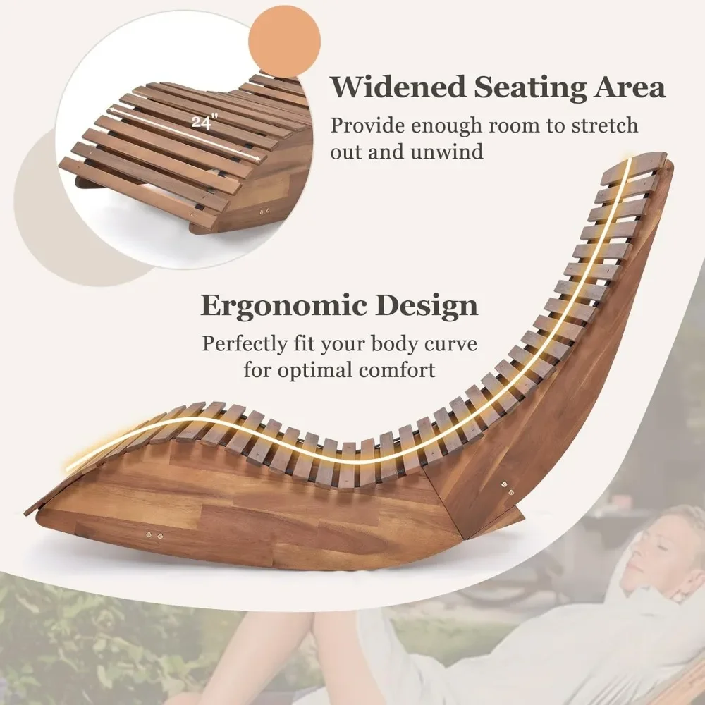 Sedia a dondolo da esterno in legno di acacia, bilanciere per portico con sedile a doghe allargato e schienale alto, lettino prendisole per cortile, giardino