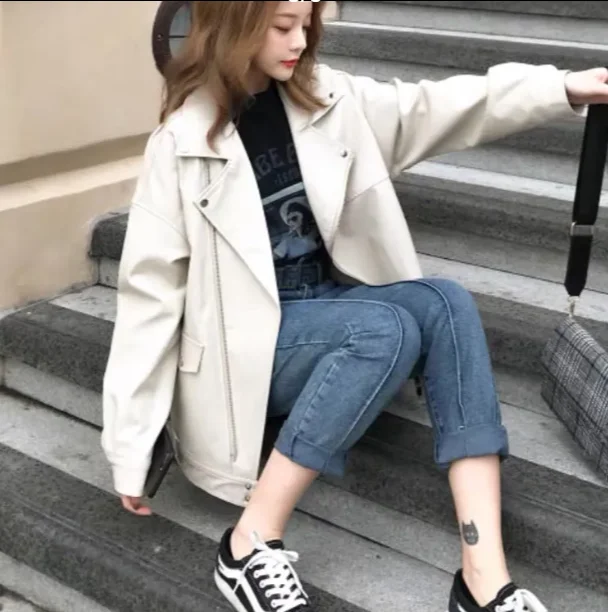 Jacket Faux Leather Women Casual PU Loose Motorcycle Jackets Female Streetwear Oversized Coat Korean Chic Winter Thick Quality