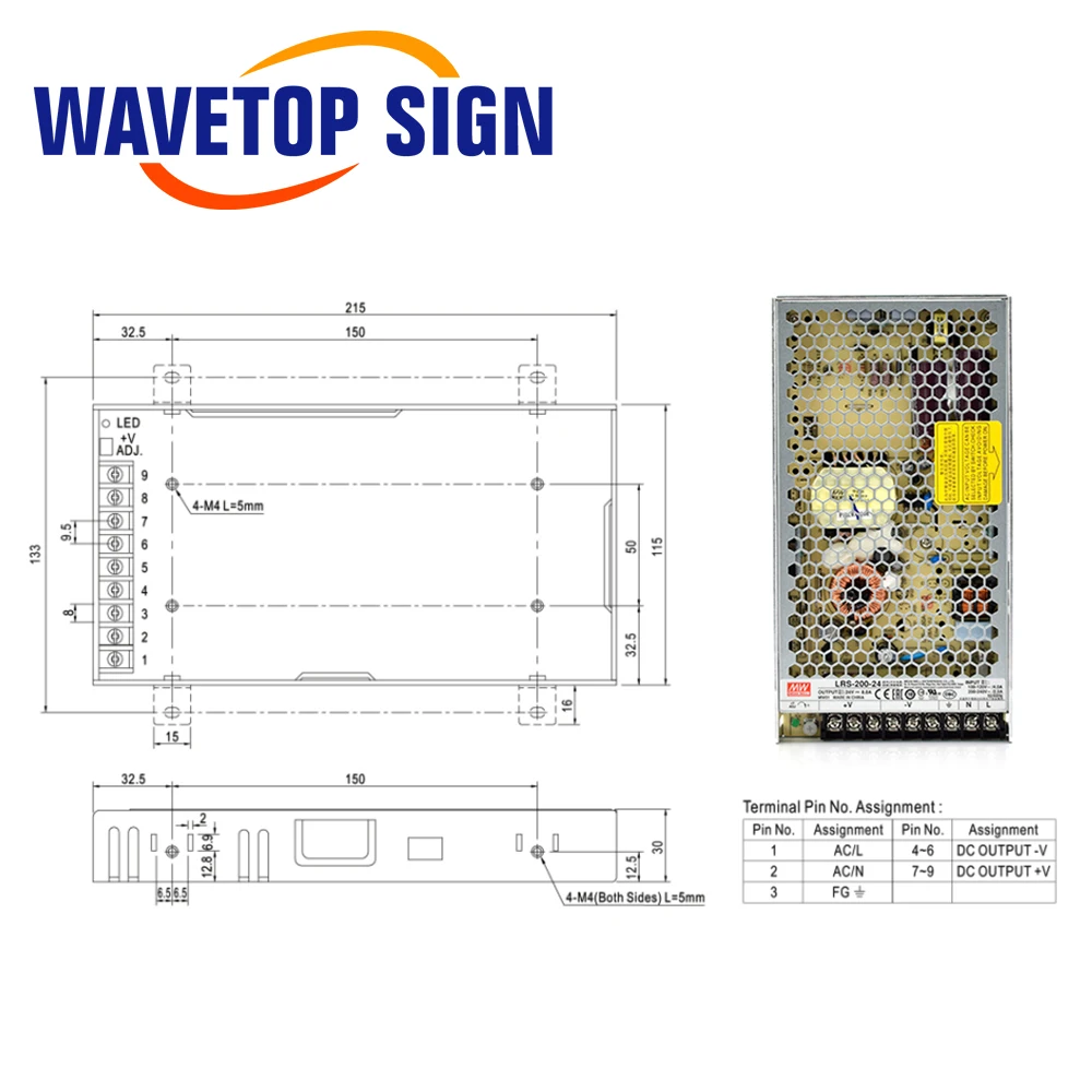 WaveTopSign Original Meanwell LRS-200 Single Output Switching Power Supply 5V 12V 24V 36V 48V 200W