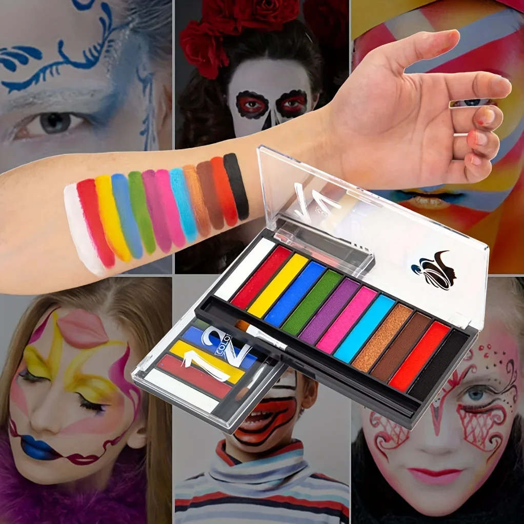 12-Color Water-Soluble Face Body Paint with Brush Set for Halloween Cosplay Stage Makeup Kit Long-Lasting Professional Cosmetics