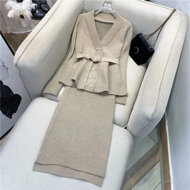 Autumn Winter Women Graceful Retro Knitwear Outfits Lady Slim Sweater Cardigan Wrap Hip Skirts Two Piece Set Tops Skirt Suits