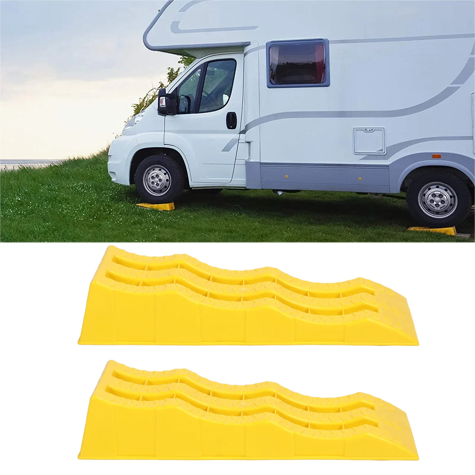 1 Pair RV Leveling Ramps 3 Stage Yellow Trailer Camper Wheel Chocks for Stabilizing Uneven Ground and Parking Camper Leveler