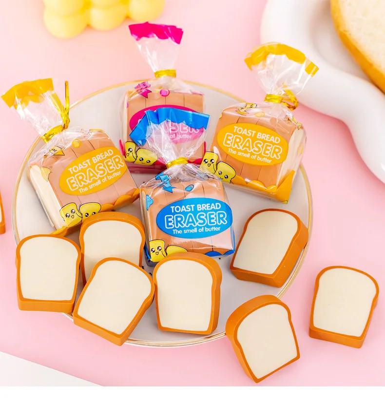 4Pcs/Lot Cute Toast Bread Eraser School Stationery Creative Kids Writing Drawing Rubber Pencil Eraser Funny School Supplies Gift