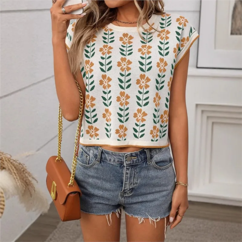 

Women's Summer Short Sleeves Color Block Round Neck Knitted Small Flower Sweater Artistic Retro Style Fashion Pullover Crop Tops