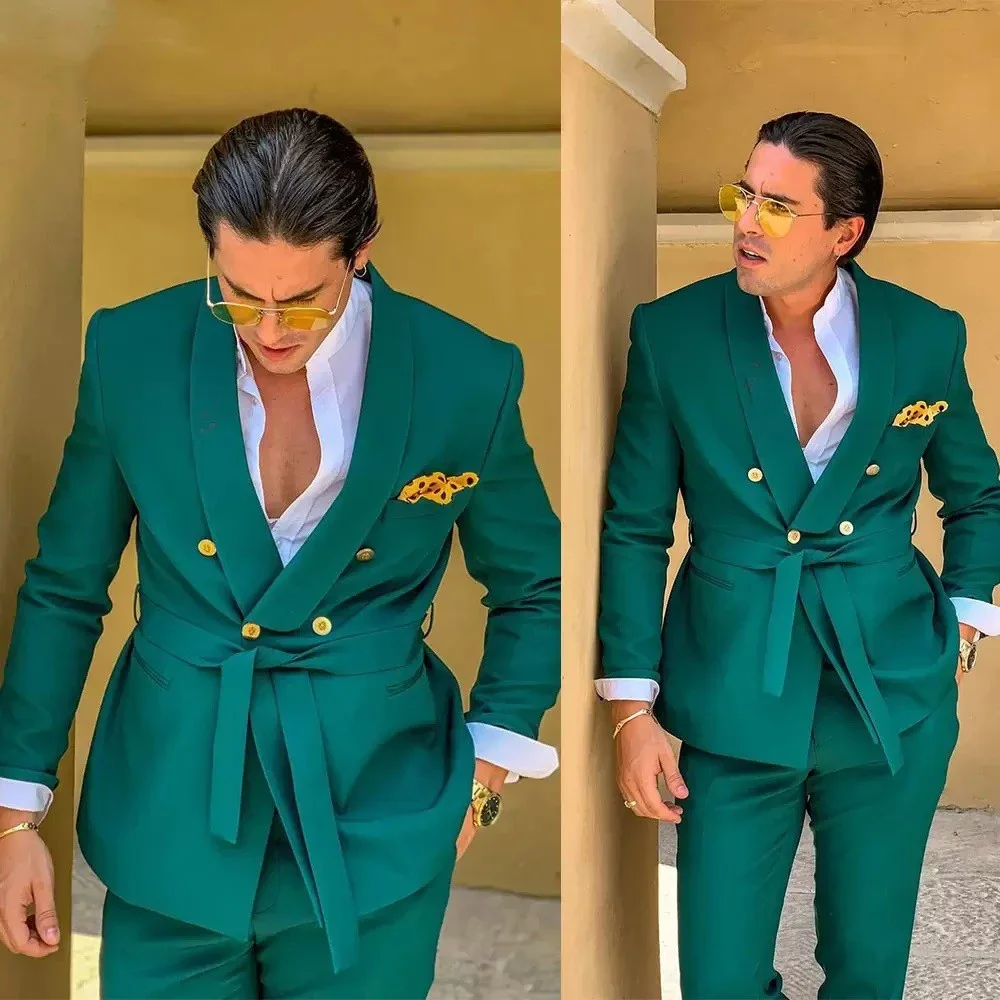 

Green Male Suits for Wedding with Belt Double Breasted Formal Groom Travel Wear Costume Homme (Jacket+Pants)