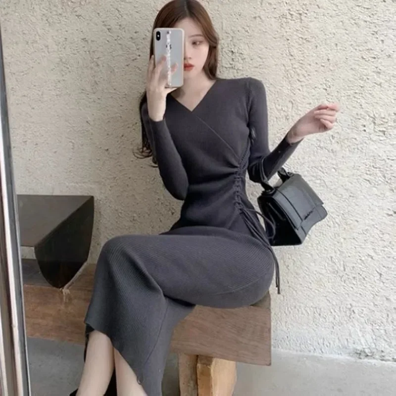 

Cover Up Crochet Grey Bodycon Women's Dresses Clothing Sexy Daring Knit Knee Length V Neck Midi Female Dress Cotton Aesthetic