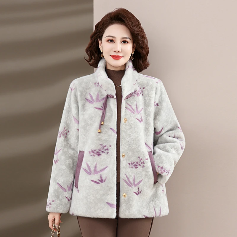 Jacken für Frauen 2025, Herbst und Winter, verdickt, Stehkragen, mittleres Alter, Mutter, warmer Mantel, Kunstpelzmantel, Jacke, Damen-Druckmantel