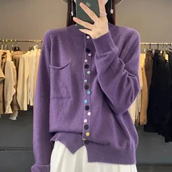 Cashmere Sweater Cardigan Women Single Breasted Long Sleeve Elegant Vintage Jumper Solid Wool Knitted Autumn Winter Outwear 2024