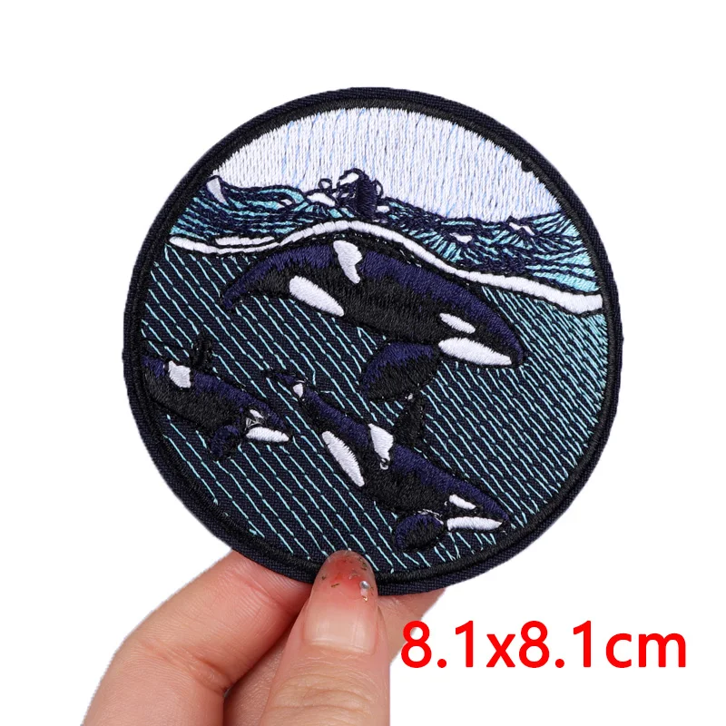 Sun Moon Wave Van Gogh Patches for Clothing Ocean Dolphin Cute Lucky Fish Iron on Patches Outdoor Embroidery Patches On Clothes view 3
