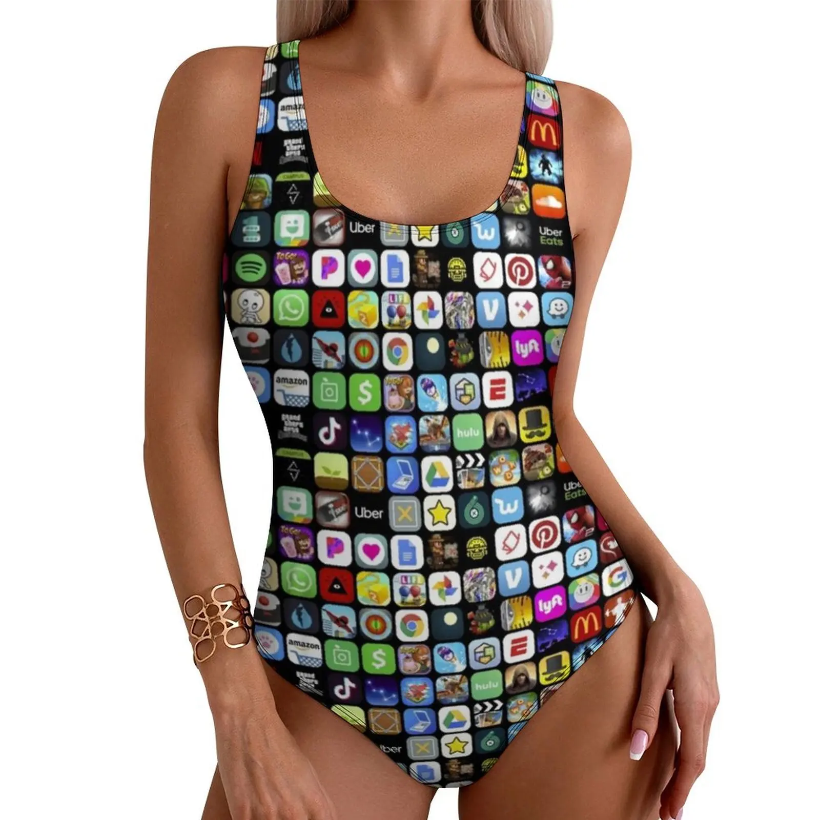 Meme Collage Print Swimsuit Sexy Wall of Apps Female Swimwear One-Piece Retro Bodysuit Fitness Push Up High Cut Beach Wear