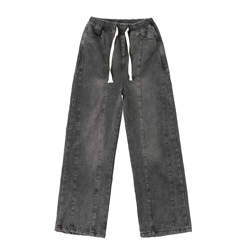 بنطال بنمط American Vibe بنطال جينز عالي الشارع برباط مغسول وخصر مطاطي وواسع الساق مقاس كبير