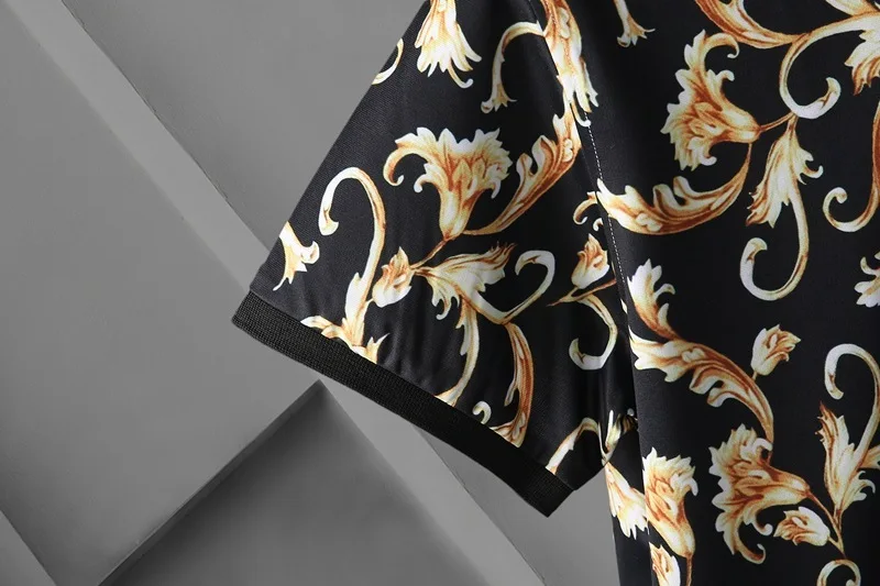 Summer New Men\'s Fashion Trend Polo Shirt Print Casual Black Gold Print Lapel Short Sleeve Polo Shirt Polo Shirt Men\'s Clothing