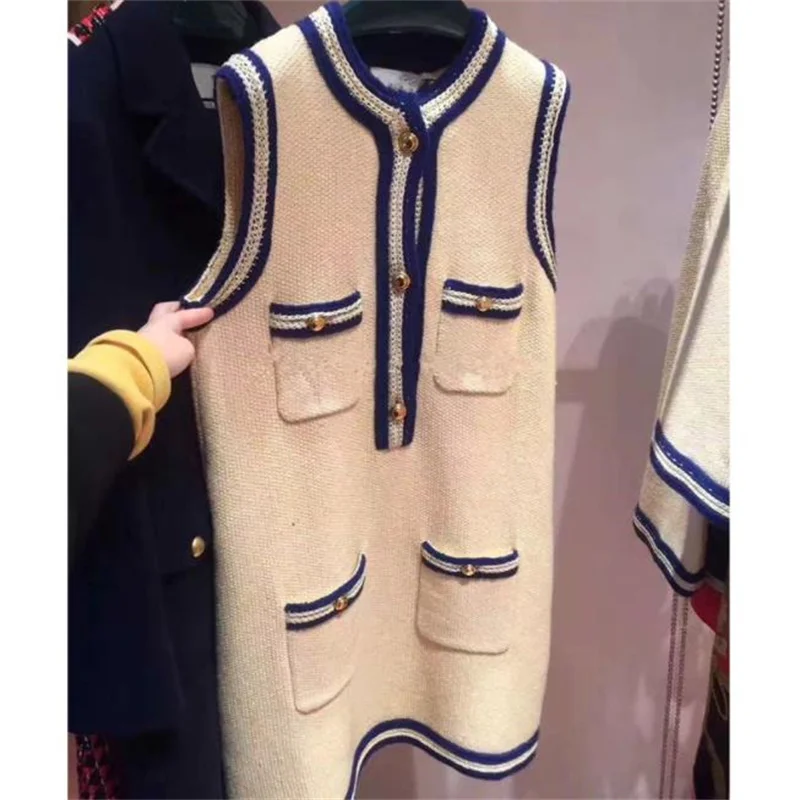 

New casual knitted sleeveless vest vest pocket elastic stitching fashion dress women