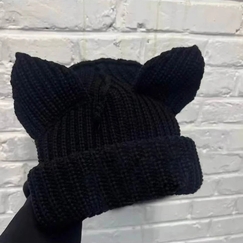 Funny Cat Ear Knitted Wool Hats for Women Hip-hop Design Kpop Hooded Caps Gothic Kawaii Handmade Beanie Personality Bonnet Hat