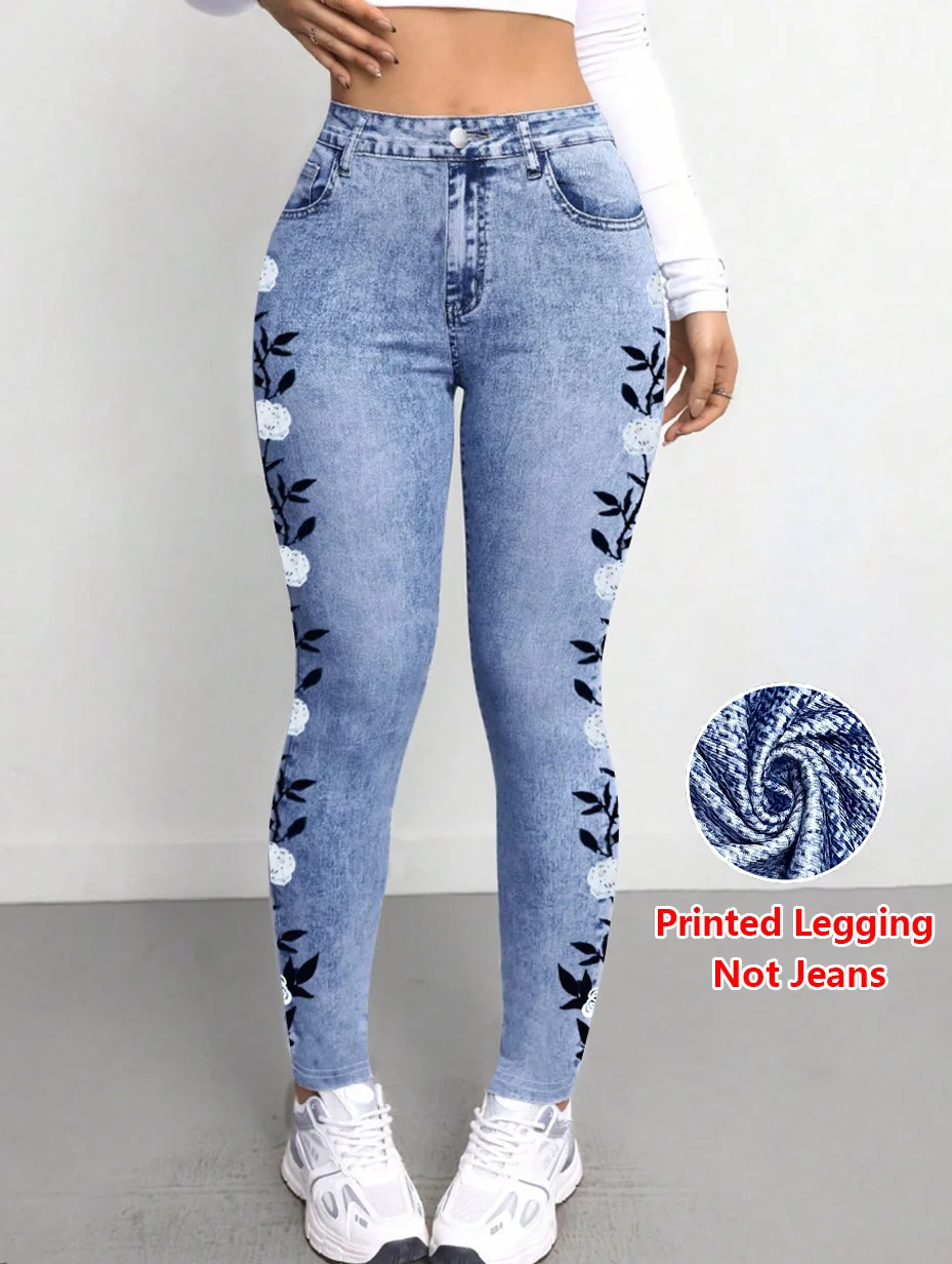 1209  Ladies' Non-Leather Denim-Like Printed Trousers 2D Embroidery Effect Stretch Pants All-Season Fashion Bottom Wear