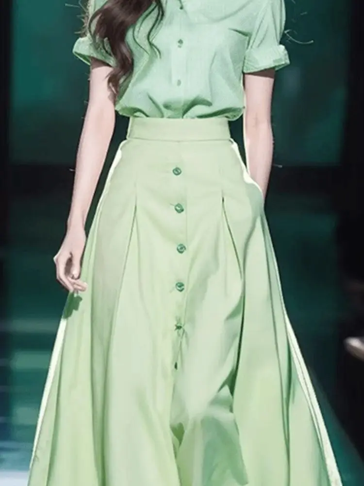 Korea Women's Outfits Green Lantern Sleeves Vintage Top High Waisted Single Breasted Design Chic Skirt Set For Women Spring