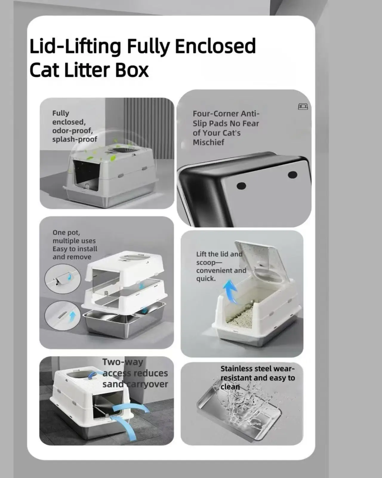 Extra-Large XXL Enclosed Cat Litter Box for Cats, Stainless Steel, with Lid and Scoop Non-Stick, Leak-Proof, Odorless Easy Clean view 3