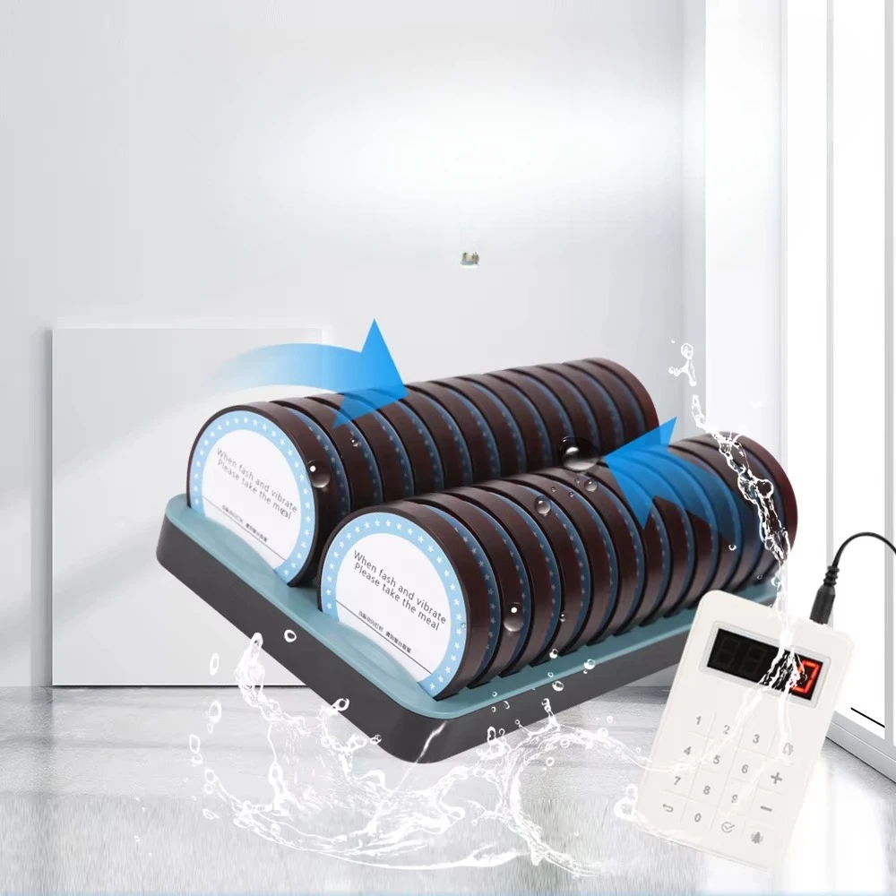 Wireless Restaurant Pager System 26 Coasters with Keypad 300 Meters Waterproof Vibrate Flash Ring for Food Truck Cafe Shop Bar