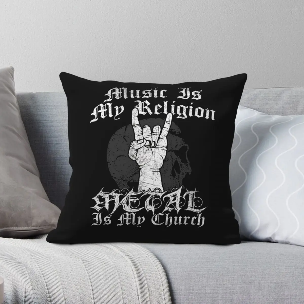 Music Is My Religion Metal Is My Church Pillowcase Polyester Linen Velvet Printed Zip Decorative Pillow Case Room Cushion Cover