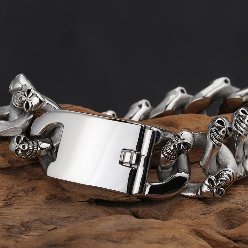 Personalized Double Row Skull Stainless Steel Men's Bracelet--KB33745-D 22.5cm Bracelet