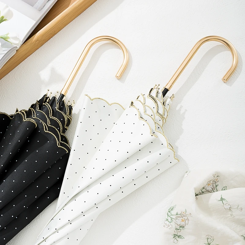 超軽量ポータブル水玉模様日傘ロングハンドル女性用ファッショナブルな日よけ日雨対策