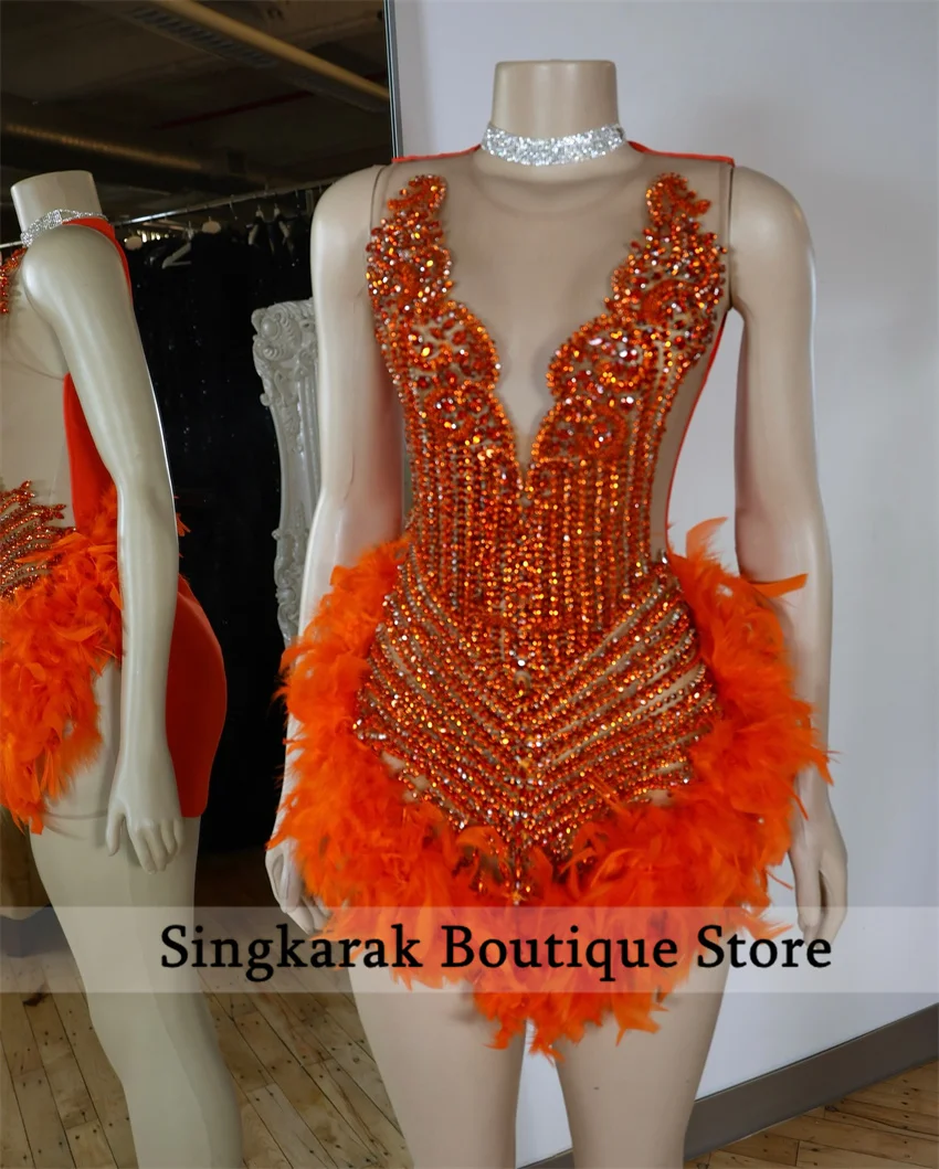 Krótka sukienka na studniówkę w kolorze pomarańczowym z kryształami dla czarnoskórej dziewczyny, sukienka na powrót do szkoły, studniówkę, koktajl, przyjęcie urodzinowe, suknia 2026, pióra, możliwość personalizacji