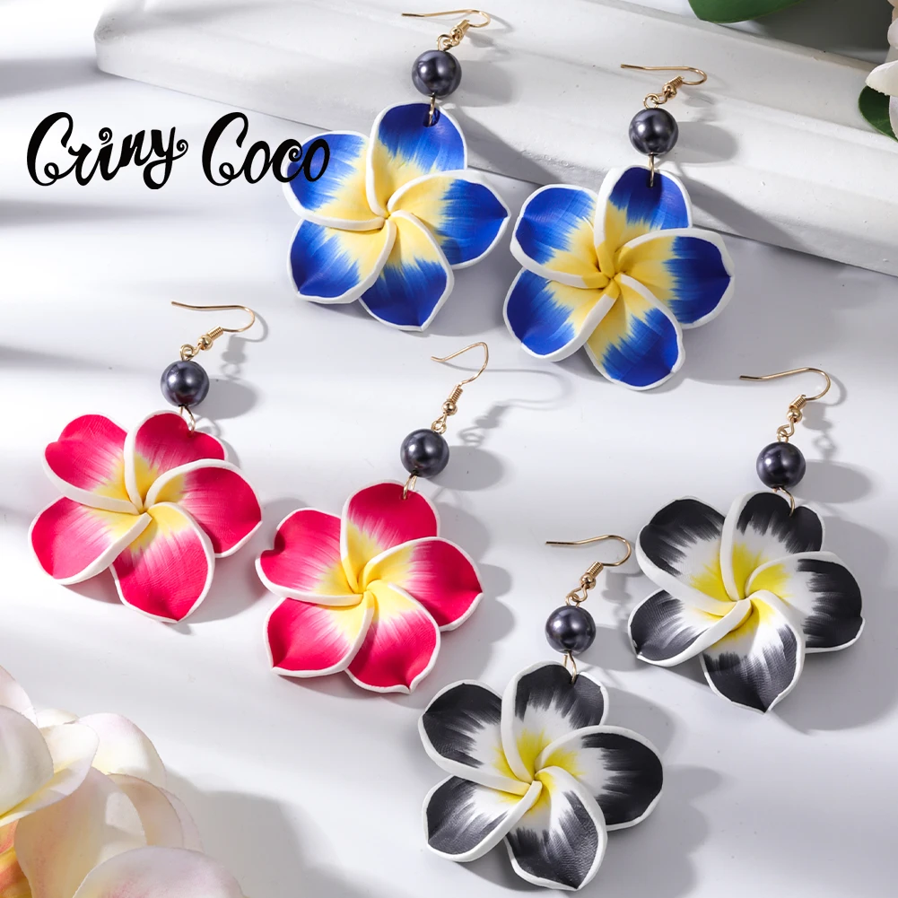 Polynesia Hawaiian Plumeria Dangle Earrings Handmade Soft Polymer Statement Drop Ear Rings Jewelry 2022 Flower Earring for Women