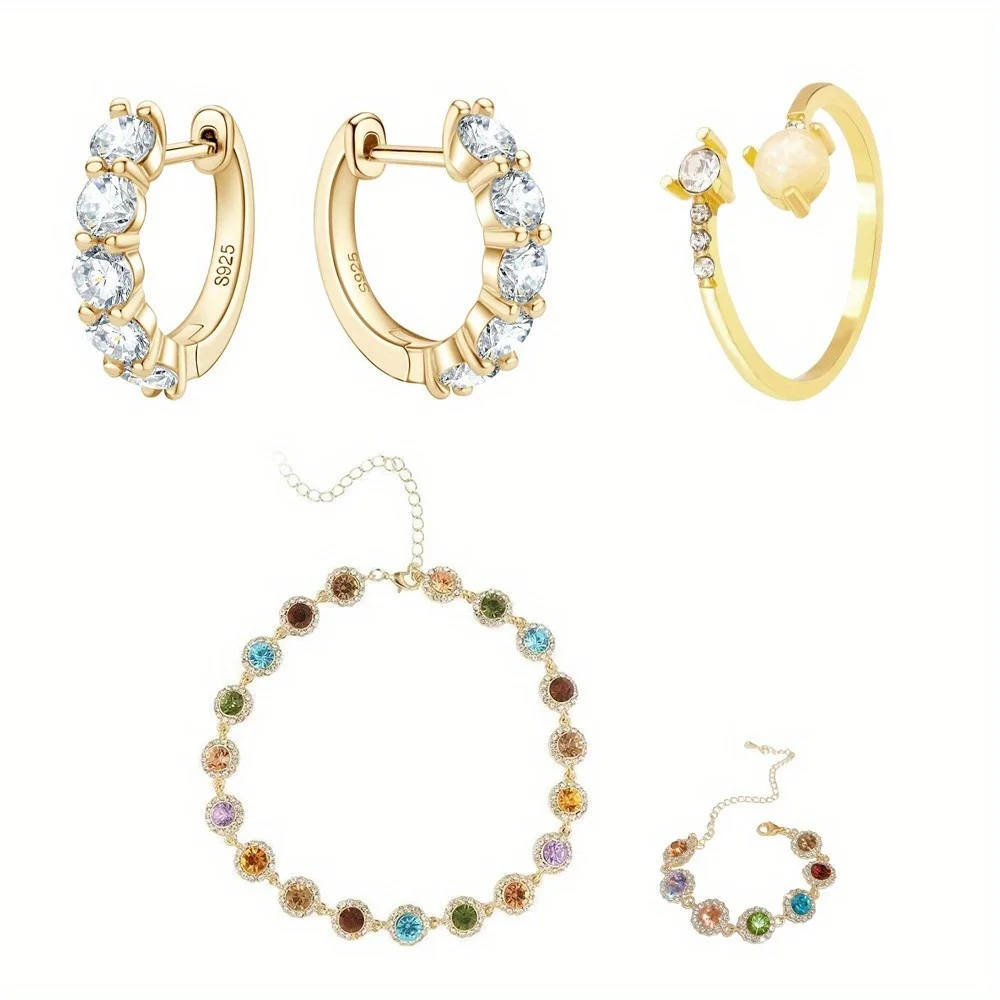 Multi-Color Artificial Crystal Necklace and Bracelet Set with Earrings and Adjustable Rings, Women's Chain Jewelry Set for Wife