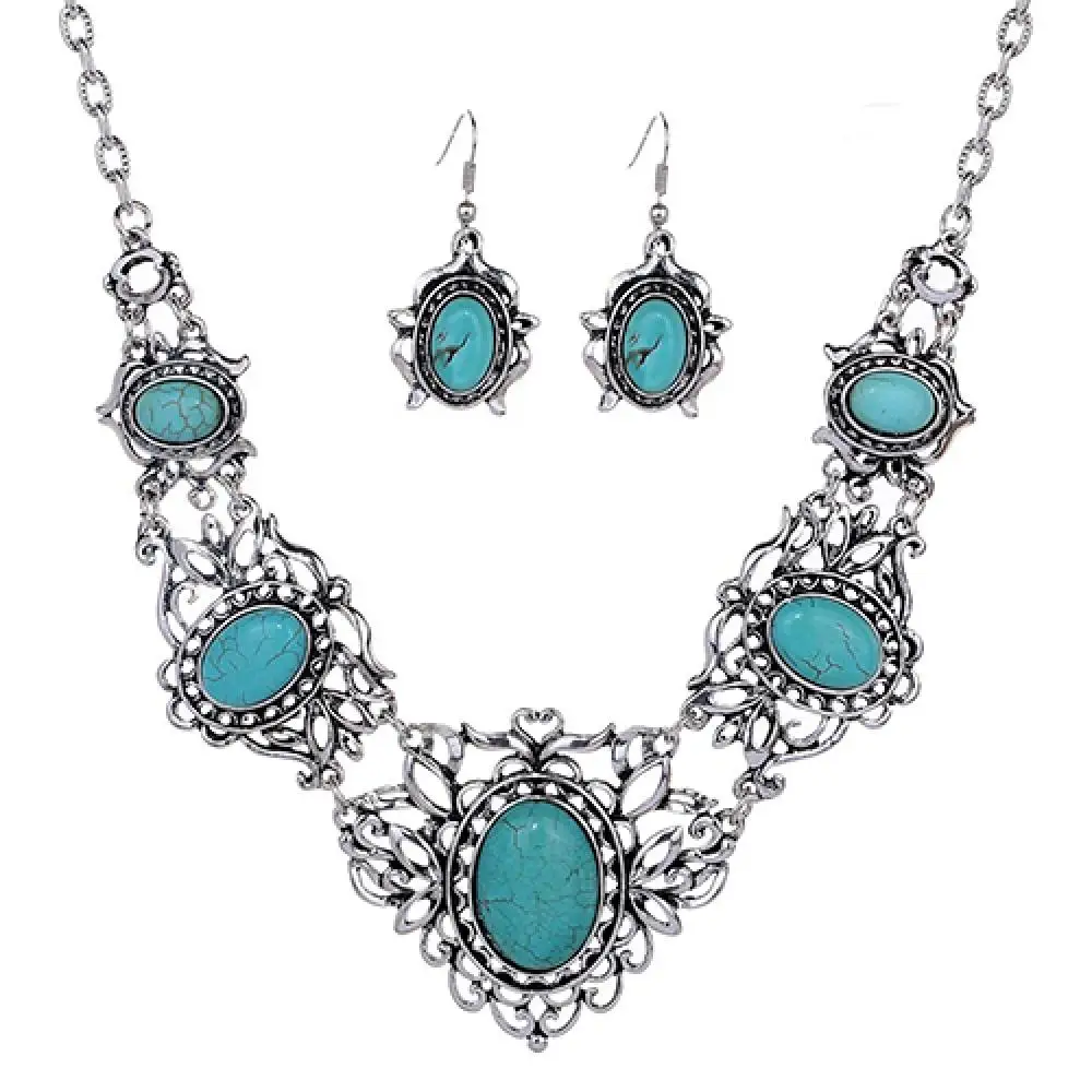 Necklace Earrings Necklace Earrings Jewelry Set Women Jewelry Set Hollow Women\\\'s Tibetan Oval Turquoise Bib Collar Jewelry Set