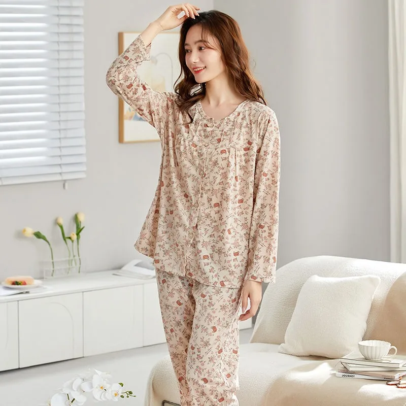 

2024 New Spring Female Casual Breathable Long Sleeves Trousers Pajamas Sets Middle-Aged Women Round Neck Plus Size Homewear Suit